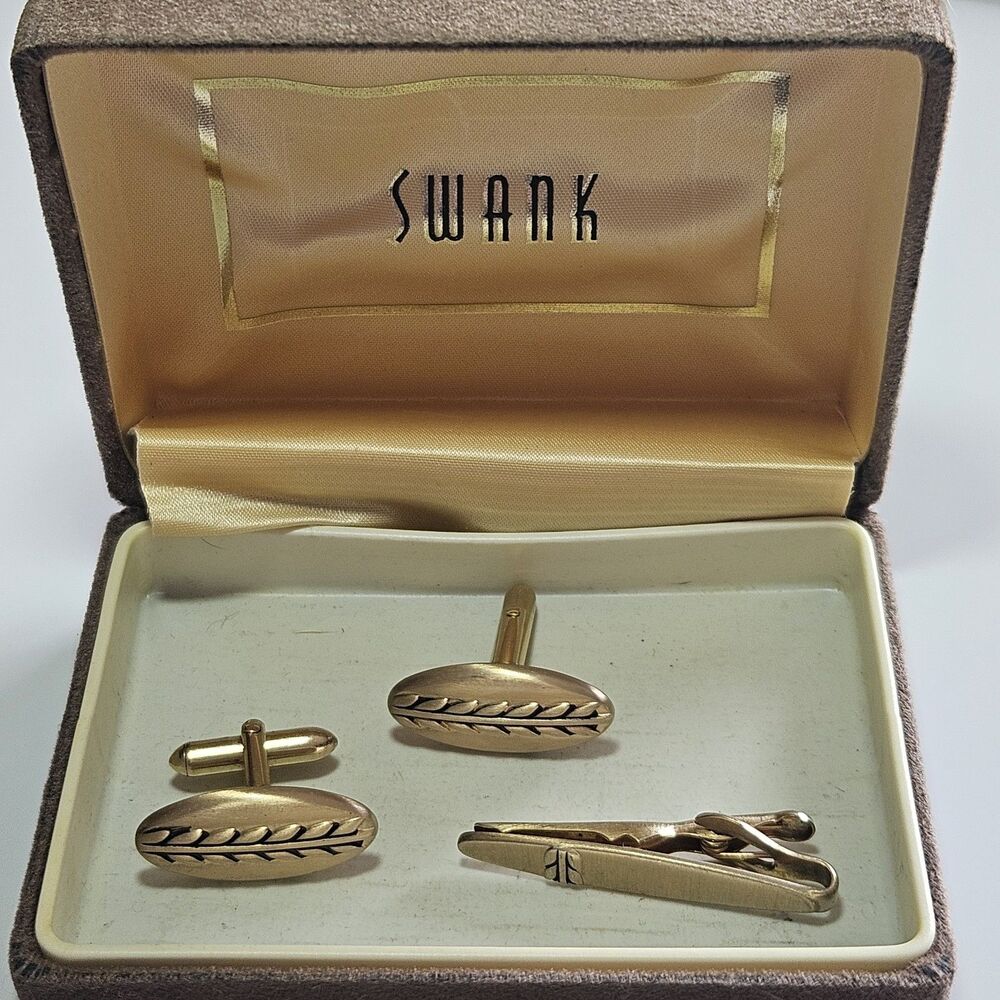 Swank Vintage Gold Tone Wheat Cufflinks And Tie Clip IOB